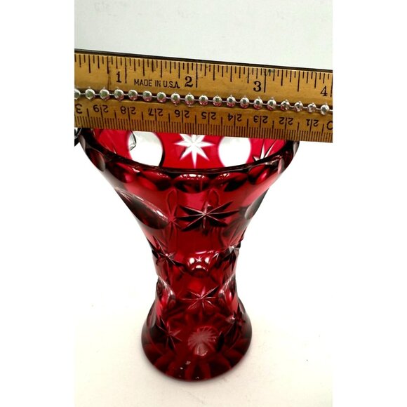 Bohemian Lead Crystal Cut to Clear Cranberry Round Thumb Star Vase VTG - Picture 6 of 7
